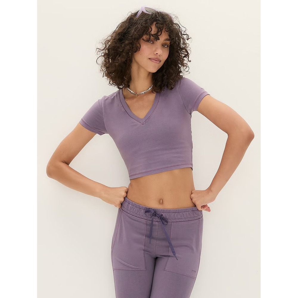 NEW Victoria's Secret PINK V-Neck Short Sleeve Padded Crop Top Purple Medium